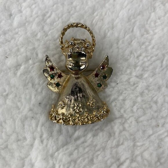 Vintage‎ Christmas Angel Brooch 2" Pin Gold Tone Red Green Rhinestones - Picture 2 of 10